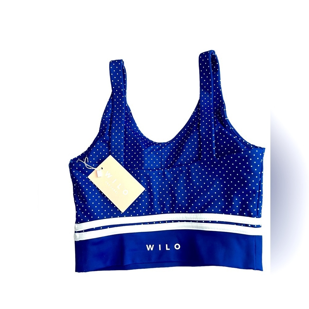 NWT WILO Athletic Sports Bra Padded Blue-White Polka Dot size XS and S - Picture 2 of 5